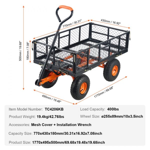 VEVOR dump cart with large wheels, dimensions, and specifications overlay; model tc4206kb, 400lbs capacity.