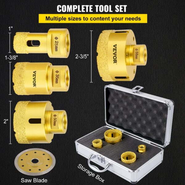 VEVOR Diamond Drill Bits 4PCS Diamond Hole Saw 25/35/50/68mm Tile Hole Saw Kit Vacuum Brazed Diamond Drill Bit 0.59in/15mm Segment Tile Hole Saw w Storage Case for Tile Ceramic Porcelain Marble Stone