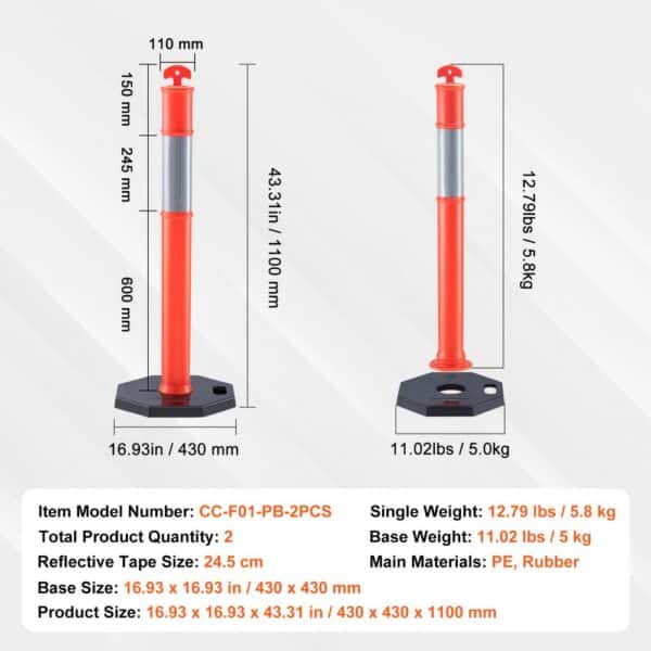 VEVOR traffic delineator set of 2, 43.3 in height, reflective tape, pe and rubber, weighted base.