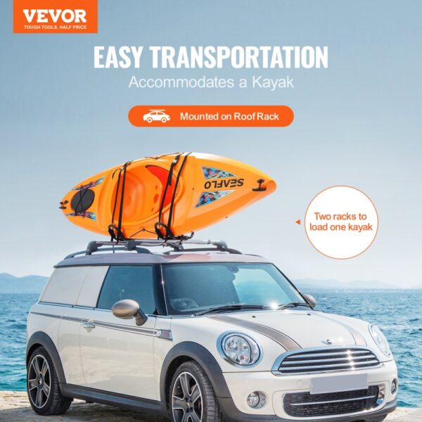 VEVOR kayak roof rack carrying an orange kayak on a white car by the sea, easy transportation sign.