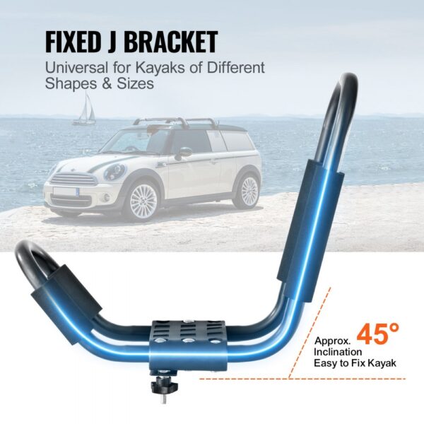 VEVOR kayak roof rack on car near sea, featuring fixed j bracket with 45-degree inclination.