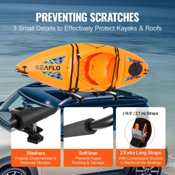 preventing scratches with VEVOR kayak roof rack. soft liner and washers protect kayak and roof.