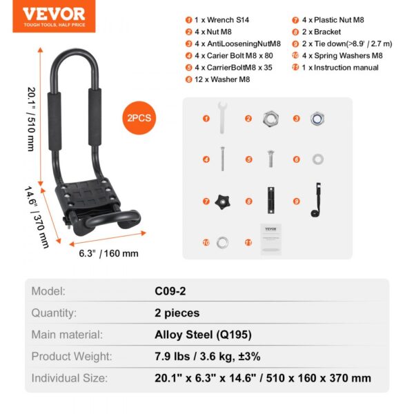 VEVOR kayak roof rack with installation tools and components, made of alloy steel, set of two.