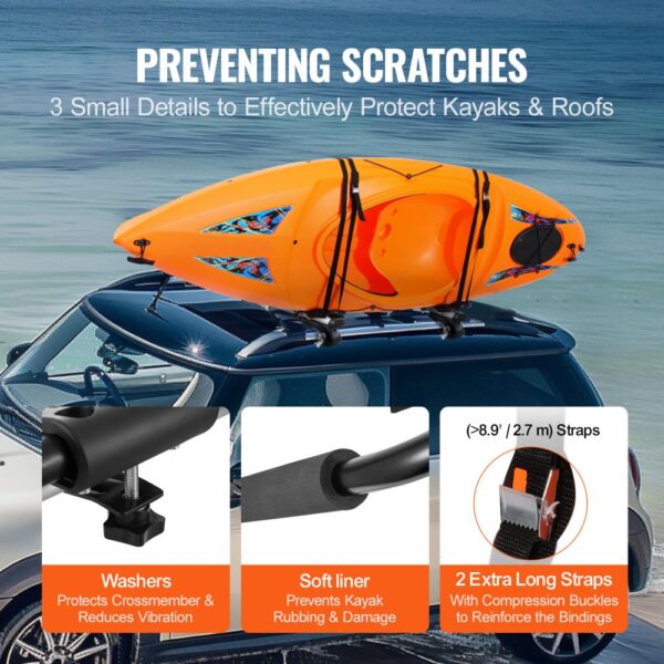 VEVOR kayak roof rack secures an orange kayak atop a car, highlighting washers, soft liner, and long straps.