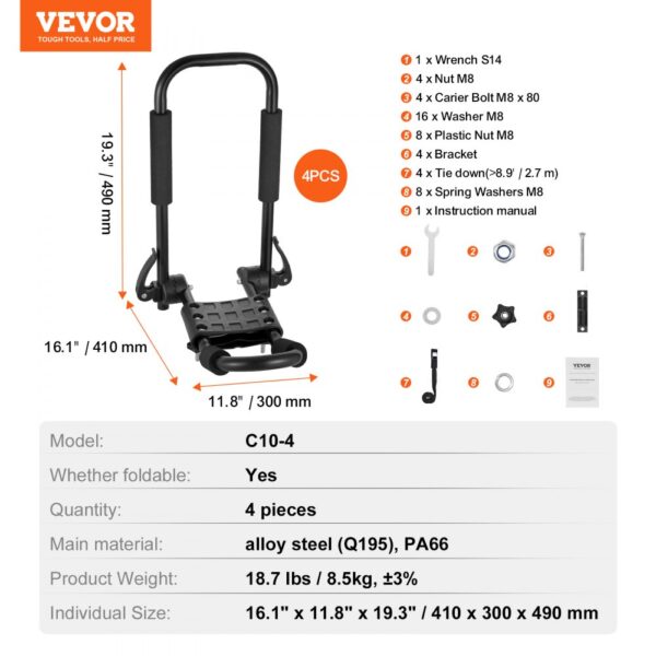 VEVOR kayak roof rack with dimensions, components, and model details, highlighting its foldable feature.