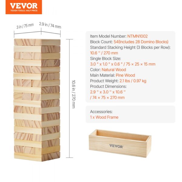 VEVOR Tumbling Timber Toy 54 Blocks Tumble Tower Blocks Pine Wood Crate Multiple