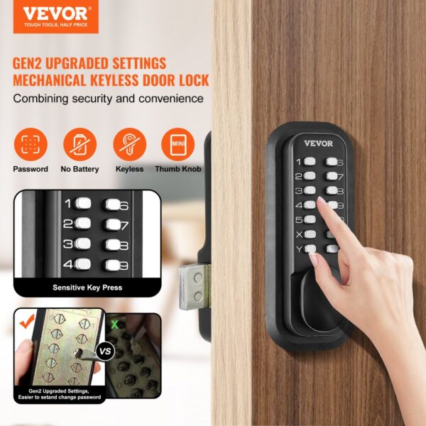 VEVOR mechanical keyless entry door lock, gen2, password-only access, no battery, thumb knob mechanism.