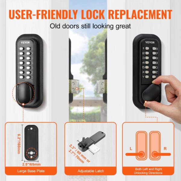 VEVOR mechanical keyless entry door lock, easy to install, with adjustable latch and left/right unlocking.