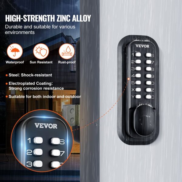 VEVOR mechanical keyless entry door lock in black zinc alloy, waterproof, sun-resistant, and rust-proof.