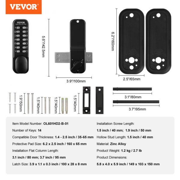 VEVOR mechanical keyless entry door lock details with measurements, components, and specifications.