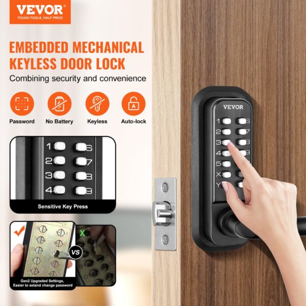 VEVOR keyless entry door lock, password keypad, no battery, auto-lock, secure and convenient.