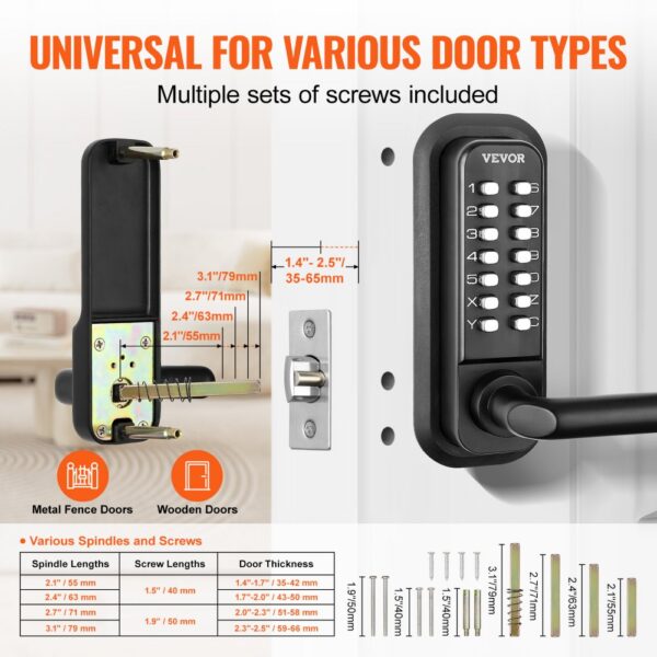 VEVOR keyless entry door lock with various screw sets, compatible with metal and wooden doors.