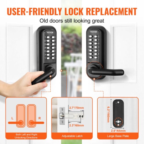 VEVOR keyless entry door lock installation guide, showcasing adjustable latch, large base plate, and reversible handle use.