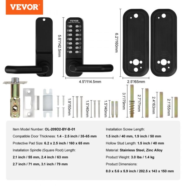 VEVOR keyless entry door lock in black, dimensions, parts, and installation hardware displayed.