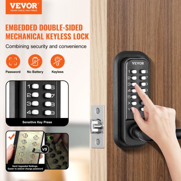 VEVOR keyless entry door lock on wooden door with numeric keypad, showcasing security features.