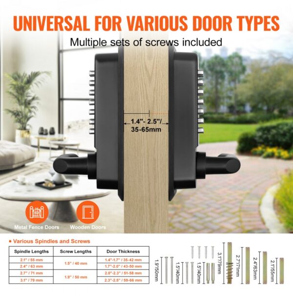 VEVOR keyless entry door lock with adjustable spindle lengths and included screws for various door types.