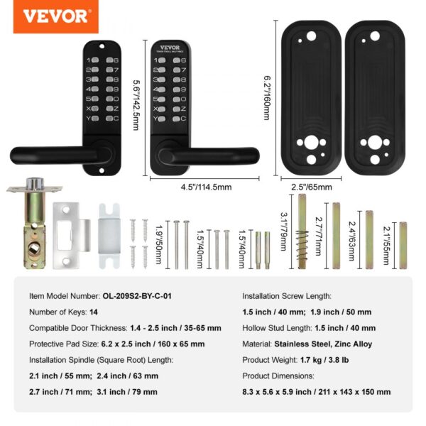 VEVOR keyless entry door lock with dimensions and components, model ol-209s2-by-c-01, stainless steel.