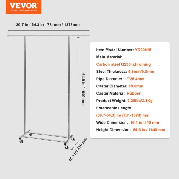 VEVOR Clothes Rack with Wheels, Heavy Duty Clothing Garment Rack with Hanging Rod and Bottom Storage Area, Adjustable Length Clothing Rack, 2 Lockable Wheels