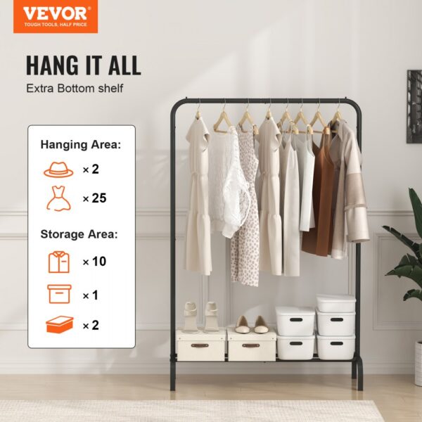 VEVOR clothes rack with extra bottom shelf, holding dresses and storage boxes in a modern room.