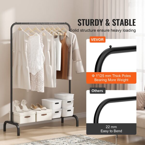 VEVOR clothes rack with sturdy 25mm thick poles, hanging clothes, and storage boxes underneath.