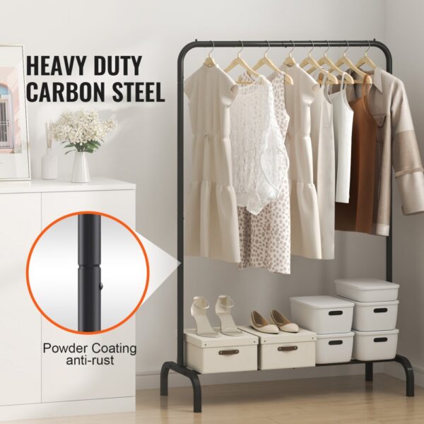 VEVOR clothes rack: heavy-duty carbon steel holding dresses, storage boxes, heels, and flowers nearby.