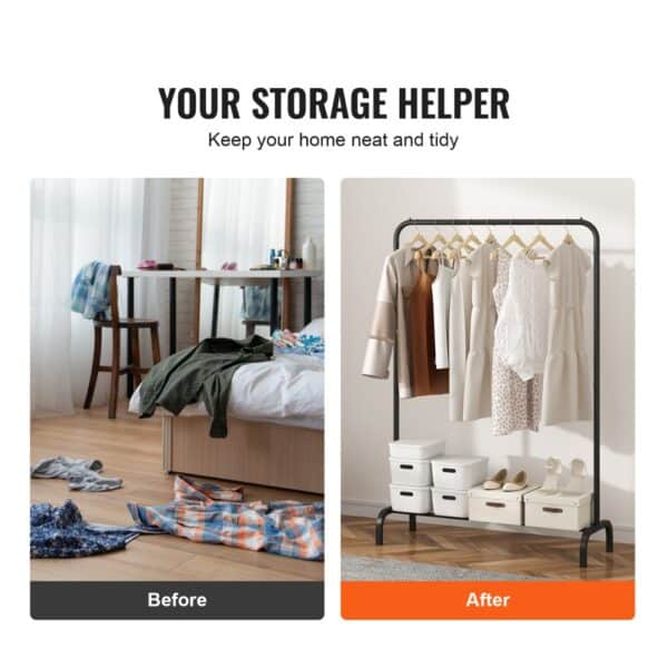 VEVOR clothes rack showcasing a tidy room transformation from cluttered to organized.