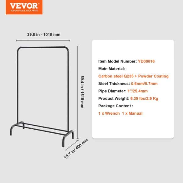 VEVOR clothes rack dimensions and specifications: 39.8 in x 59.4 in x 15.7 in, carbon steel q235.