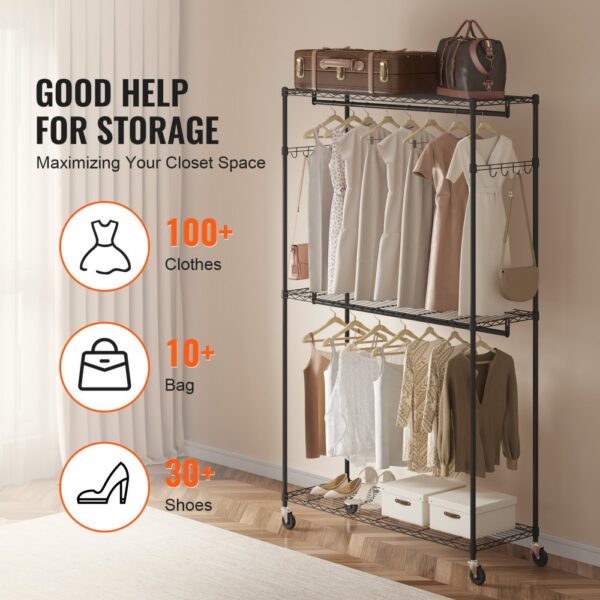 VEVOR Heavy Duty Clothes Rack, Rolling Clothing Garment Rack with 3 Storage Tiers, 2 Rods and 2 Pairs Side Hooks, Adjustable Height Clothing Rack Closet for Hanging Clothes, 400 Lbs Load Capacity