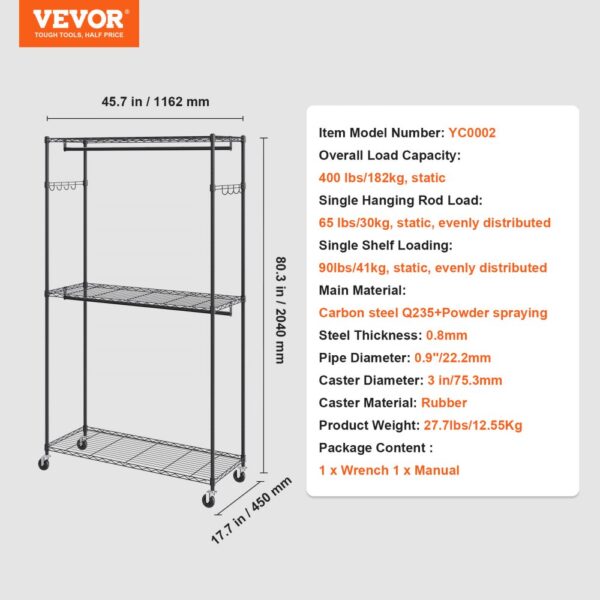 VEVOR Heavy Duty Clothes Rack, Rolling Clothing Garment Rack with 3 Storage Tiers, 2 Rods and 2 Pairs Side Hooks, Adjustable Height Clothing Rack Closet for Hanging Clothes, 400 Lbs Load Capacity