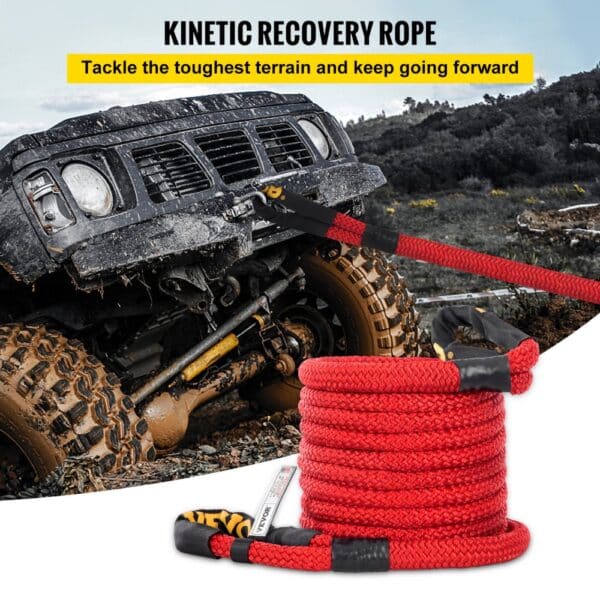 VEVOR recovery tow rope pulling a muddy off-road vehicle through rugged terrain.