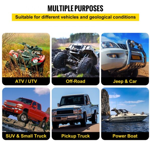 multiple vehicle types using VEVOR recovery tow rope: atv, off-road, jeep, truck, boat.