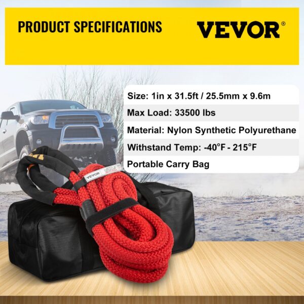 VEVOR recovery tow rope with specs on a wooden table, truck in snowy background.