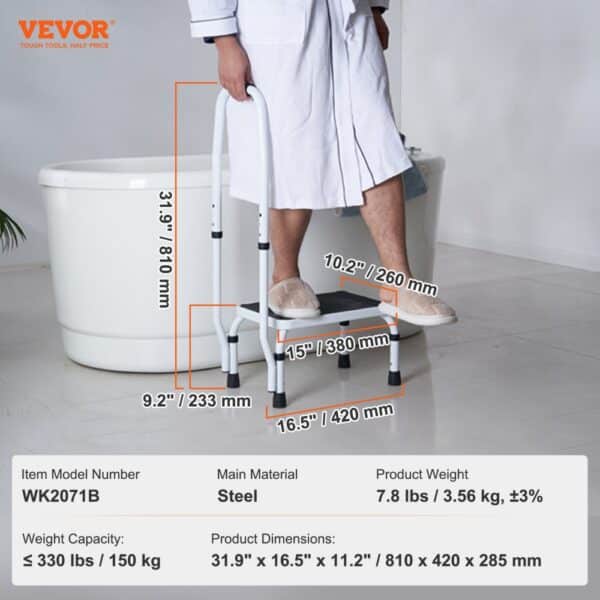 man using a white steel VEVOR step stool with measurements indicated, near a white bathtub.