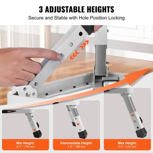 VEVOR step stool with 3 adjustable heights: min 6.7", intermediate 7.4", max 8.5", secure and stable.