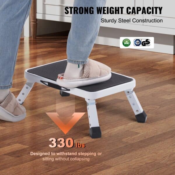 sturdy VEVOR step stool holding up to 330 lbs, designed for safety with non-slip top and steel legs.