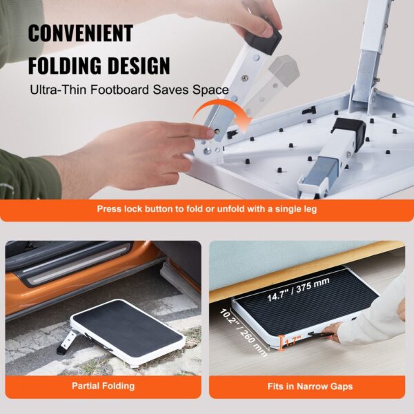 hands folding VEVOR step stool, showcasing ultra-thin footboard, easy lock mechanism, and compact storage.