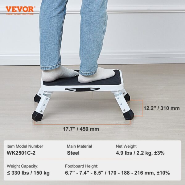 person standing on a VEVOR step stool with product dimensions and specifications displayed.