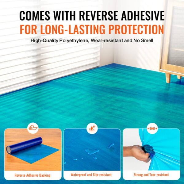 VEVOR carpet protection film features waterproof, slip-resistant, reverse adhesive backing for durability.