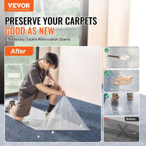 VEVOR carpet protection film shields carpets from paint stains, renovation debris, and footprint dust. effortlessly.