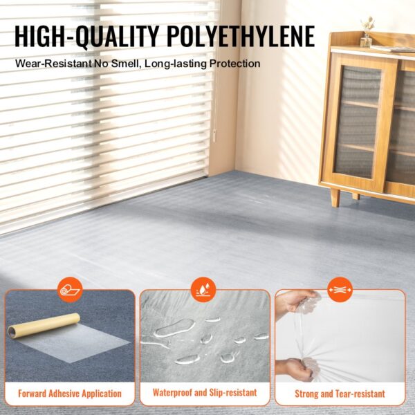 high-quality polyethylene VEVOR carpet protection film; waterproof, slip-resistant, strong, and tear-resistant.