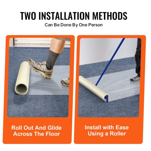 two installation methods for VEVOR carpet protection film: glide across the floor, or use a roller.