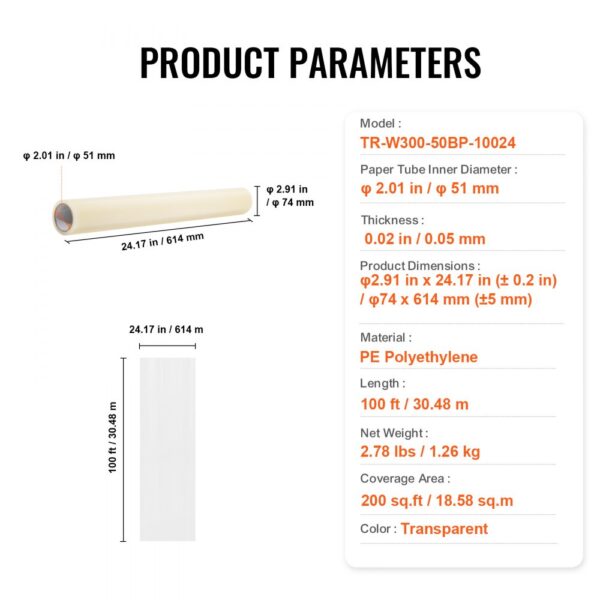 VEVOR carpet protection film specifications including dimensions, material pe polyethylene, and coverage area.