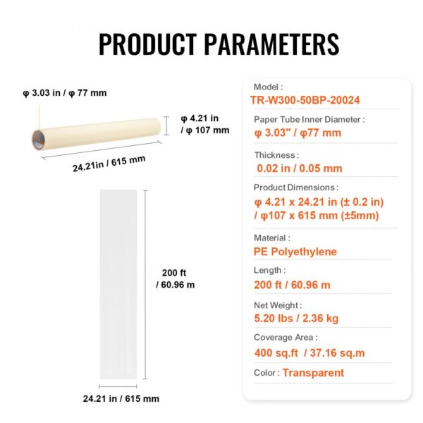 VEVOR carpet protection film: 24.21 in x 200 ft, 0.02 in thick, 400 sq.ft coverage, pe polyethylene, transparent.