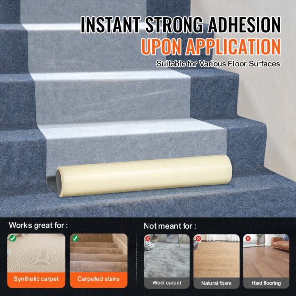 VEVOR carpet protection film on carpeted stairs, showing strong adhesion and compatibility with synthetic carpets.