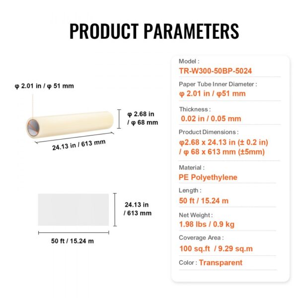 product parameters for VEVOR carpet protection film: dimensions, material, length, thickness, and weight.