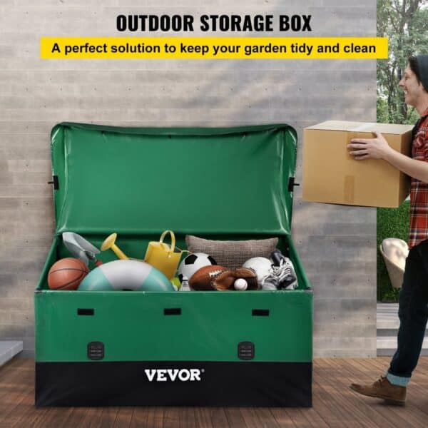 VEVOR outdoor storage box filled with sports equipment, garden tools, and a person holding a cardboard box.