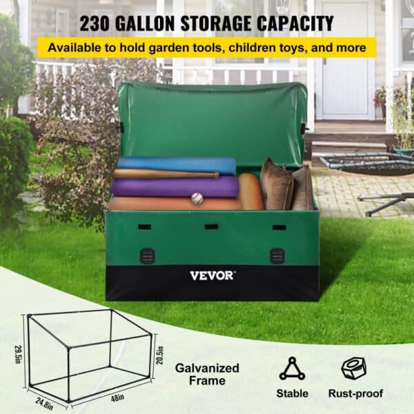 VEVOR outdoor storage box open, showing garden items inside, with text highlighting its 230-gallon capacity.