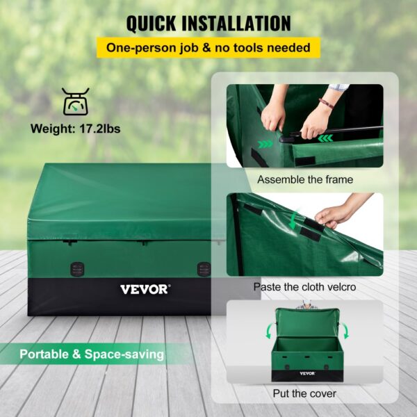 VEVOR outdoor storage box assembly without tools on a deck, showcasing portable and space-saving design.