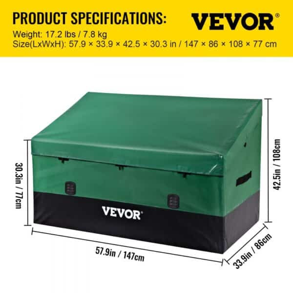 VEVOR outdoor storage box in green with black base, 57.9x33.9x42.5 inches and 17.2 lbs weight.