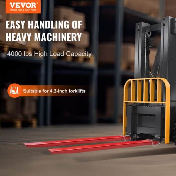 VEVOR pallet fork extensions for 4.2-inch forklifts, 4000 lbs capacity, easy heavy machinery handling.